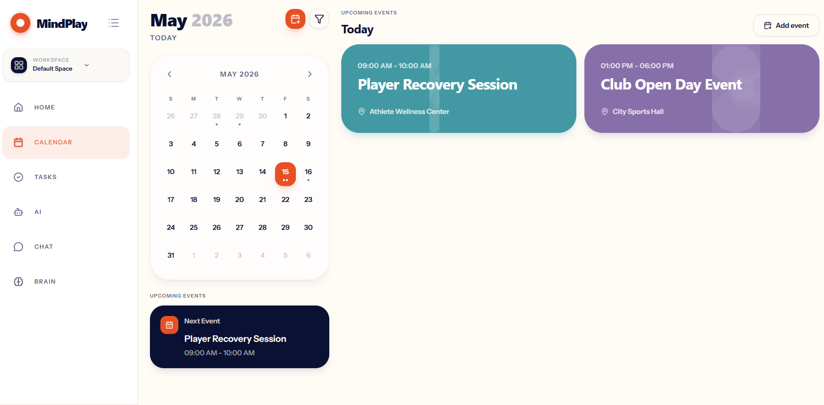 MindPlay Sport events calendar