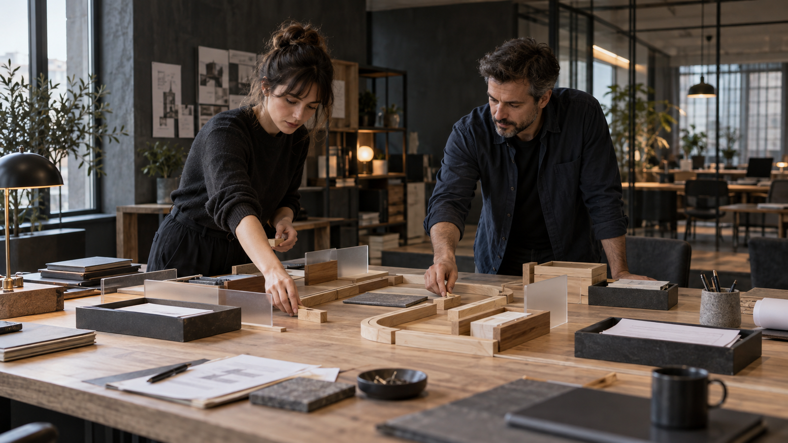 Two people arrange wooden workflow elements across a large table