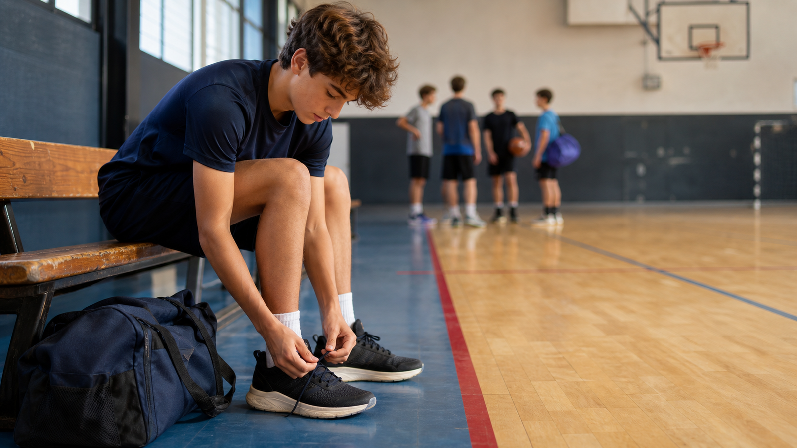 A young athlete ties his shoes while teammates gather for practice in a school sports hall
