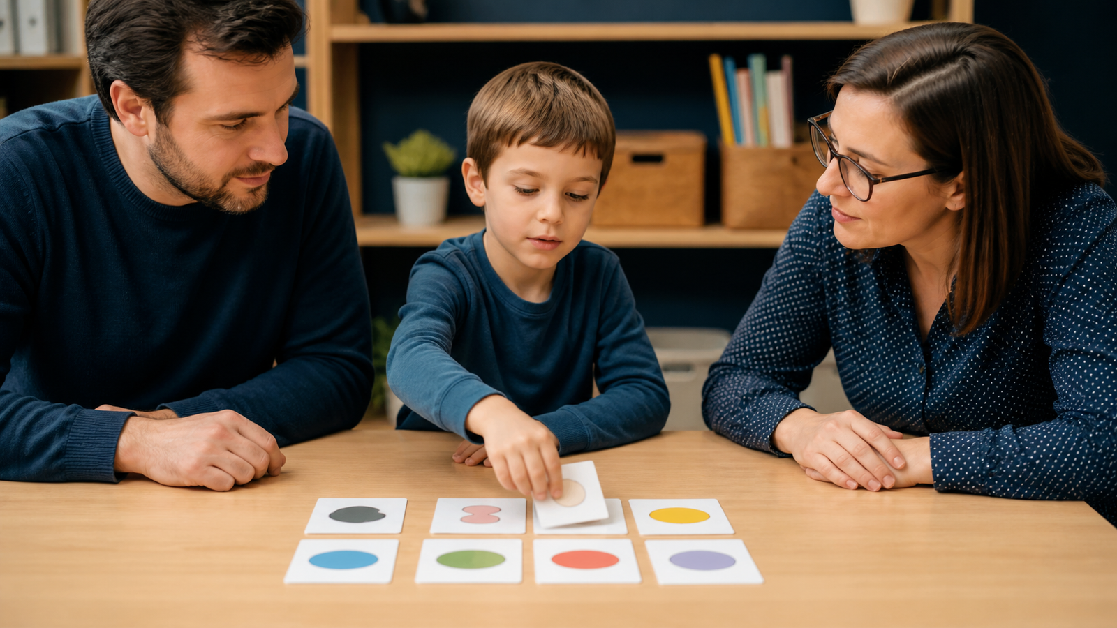 A child choosing a picture card while a parent and educator listen