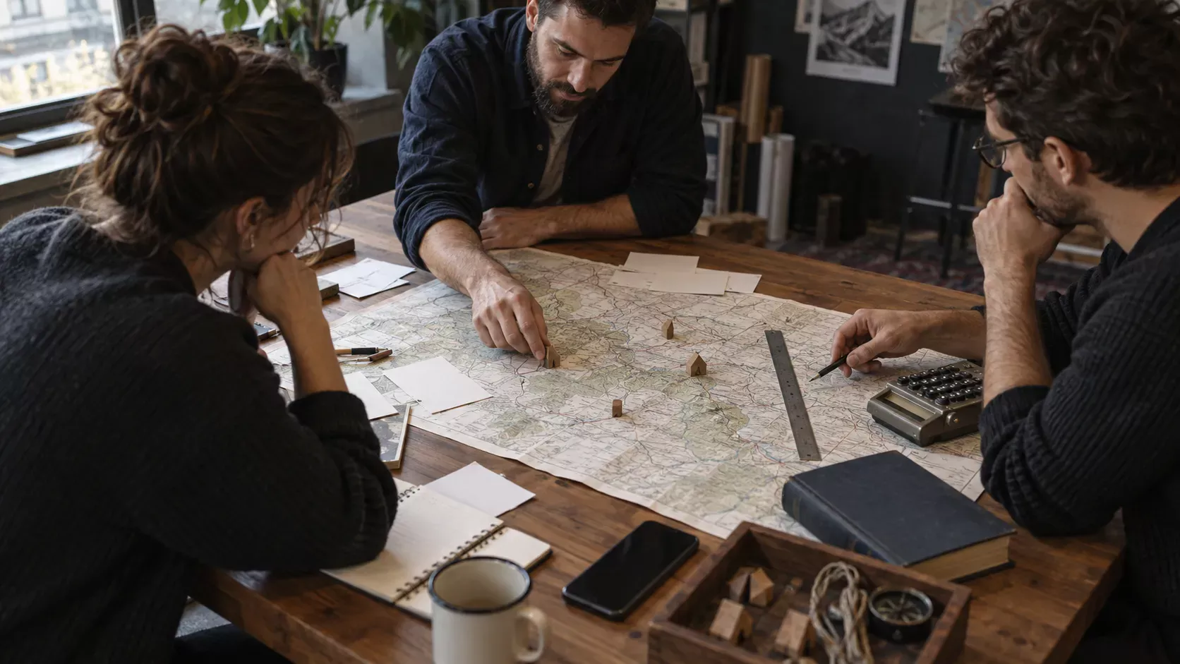 Three people plan a route together using a map, notes and practical tools.