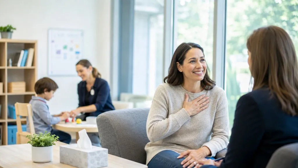 A parent speaks with a support professional while a child works with another adult nearby.