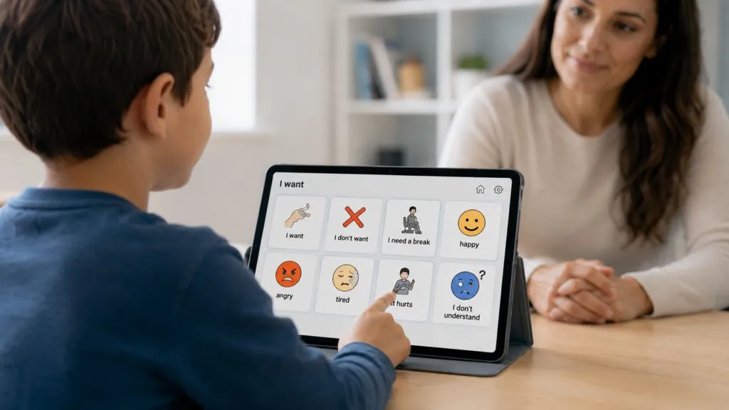 A child uses picture-based choices on a tablet while an adult listens.