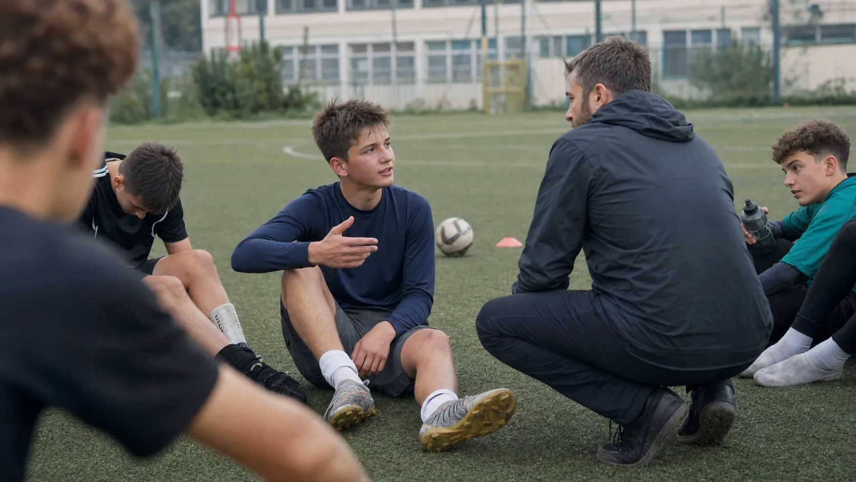 A young athlete speaks with a coach during an informal break in outdoor practice.