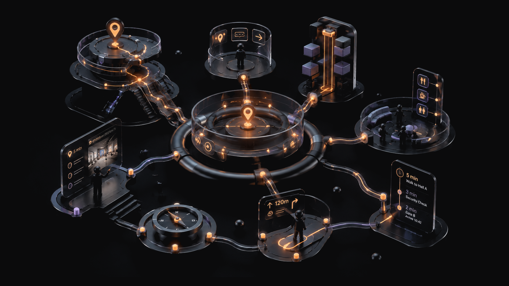 NaviXR venue wayfinding network with spatial guidance, visitor flow and service points